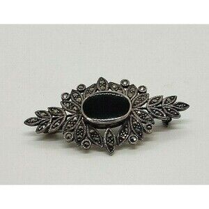 Marcasite Brooch 925 Sterling Silver and Black Onyx Antique from the 1920's
